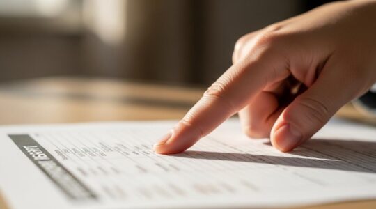 Une main d'adulte montrant un bulletin scolaire imprimé avec des résultats et commentaires clairs