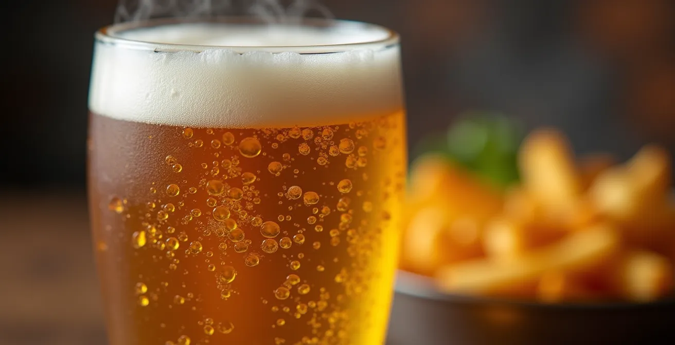 Composition artistique montrant des verres de bières artisanales avec vapeur de plats québécois en arrière-plan