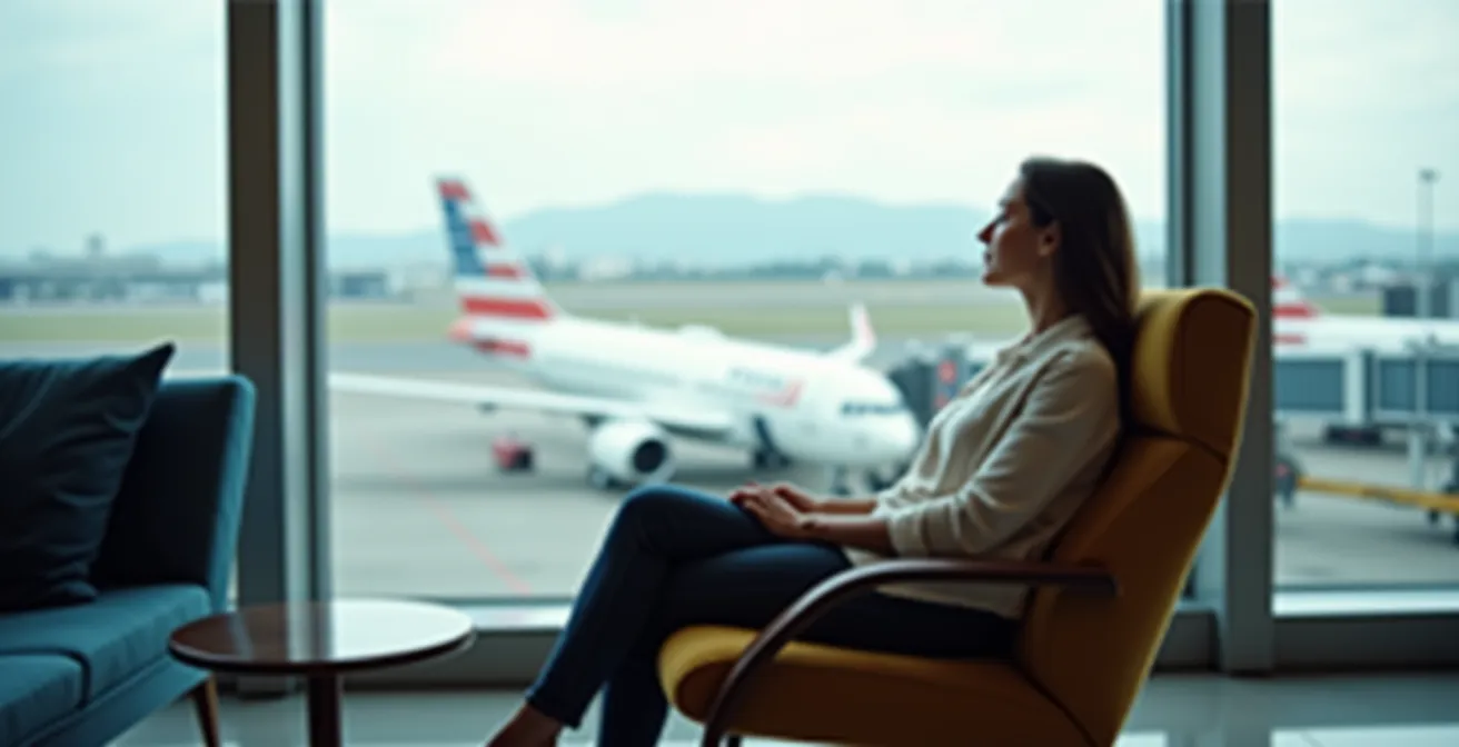 Voyageur se reposant dans un salon d'aéroport moderne avec grande baie vitrée