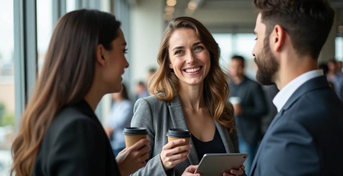Professionnels en tenue décontractée lors d'un événement de réseautage dans un espace de bureau moderne à Toronto