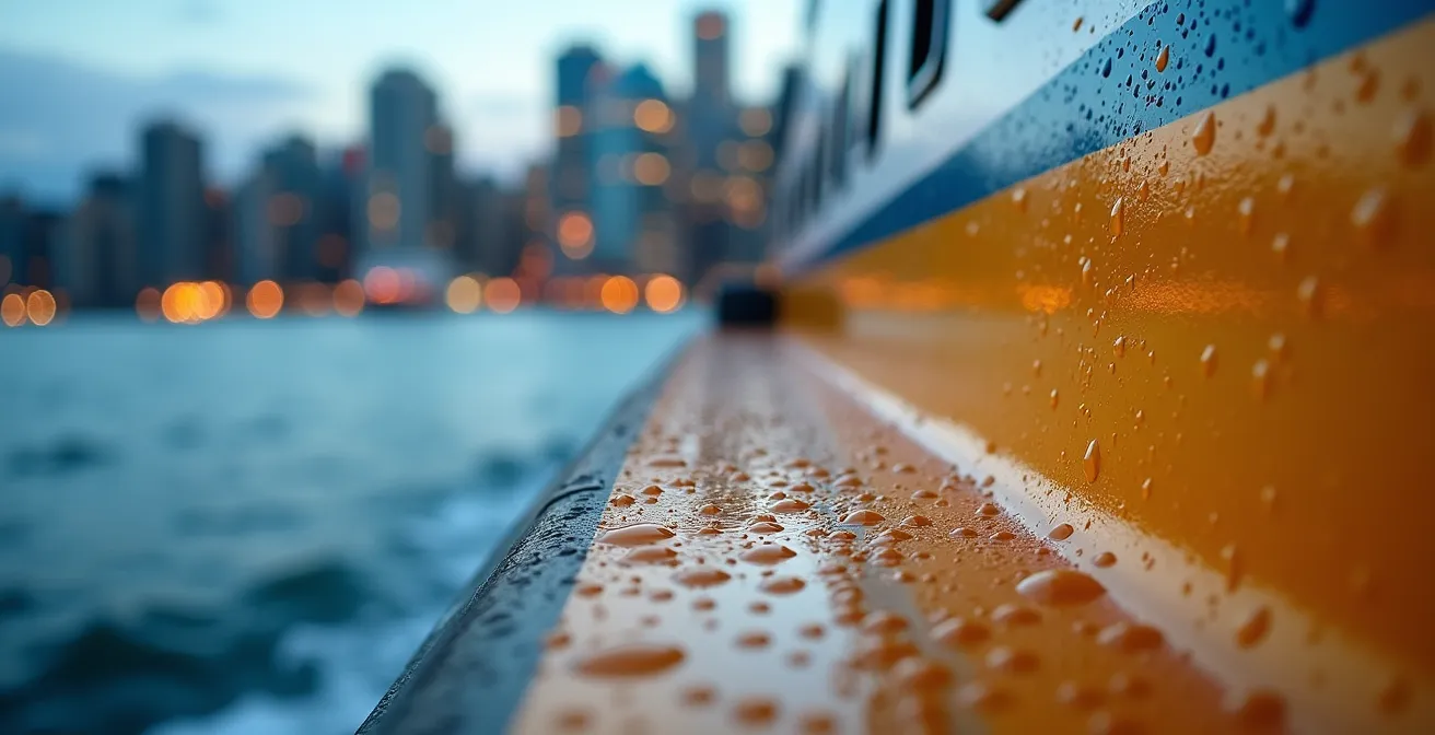 Petit traversier coloré Aquabus naviguant dans False Creek avec la skyline de Vancouver en arrière-plan