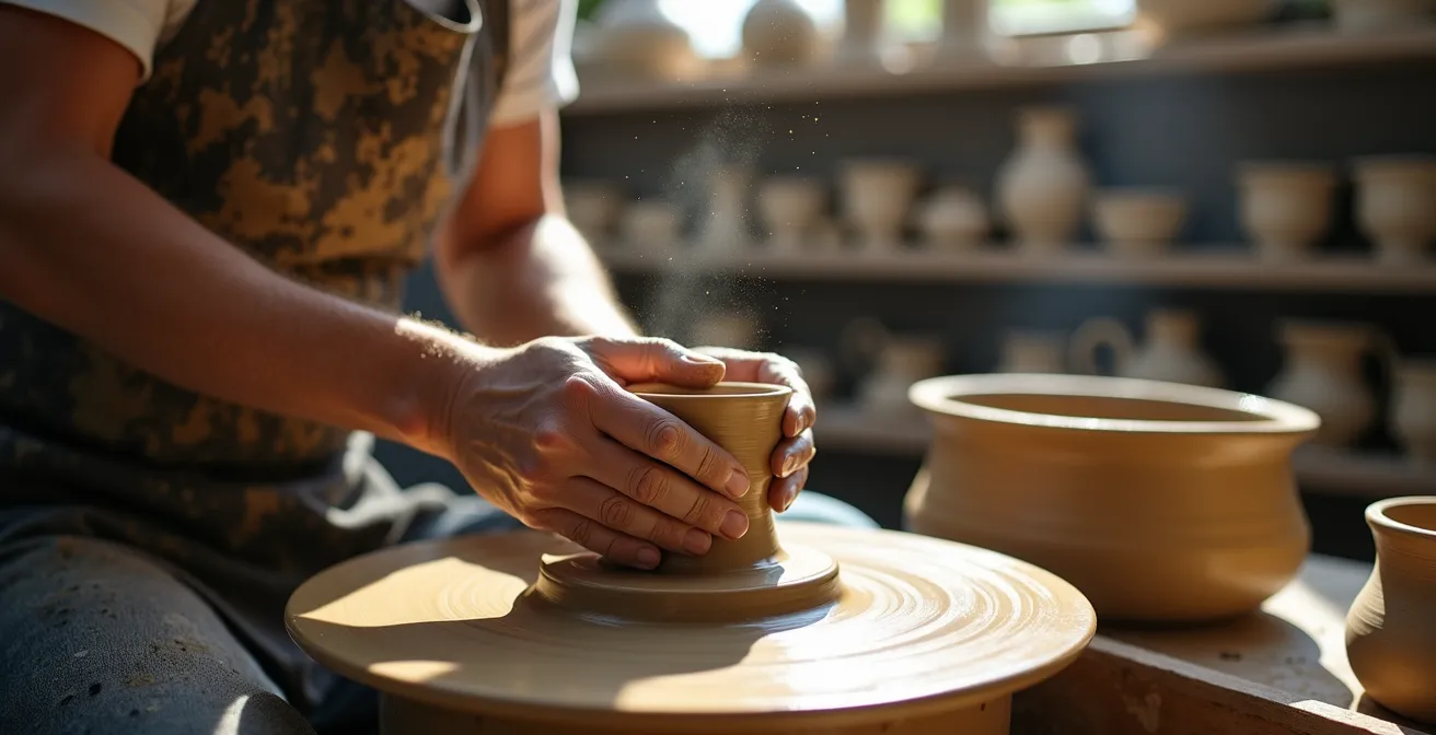 Artiste céramiste au travail dans son atelier lumineux avec tours de potier et œuvres en cours
