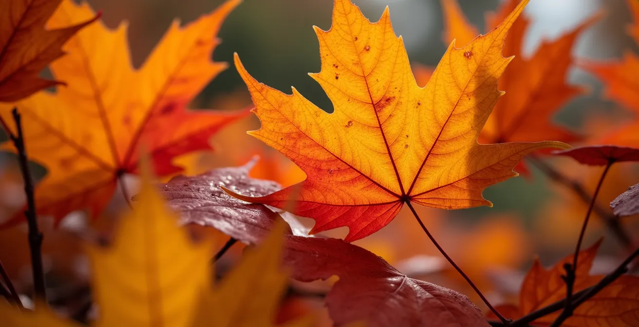 Forêt d'érables québécois en automne avec palette de couleurs rouge, orange et or