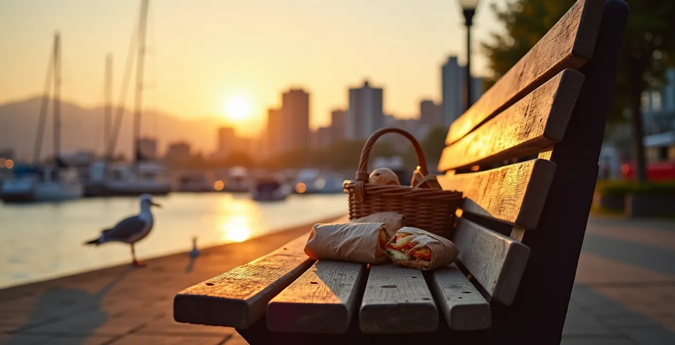 Banc en bois face à False Creek avec vue sur le centre-ville de Vancouver au coucher du soleil