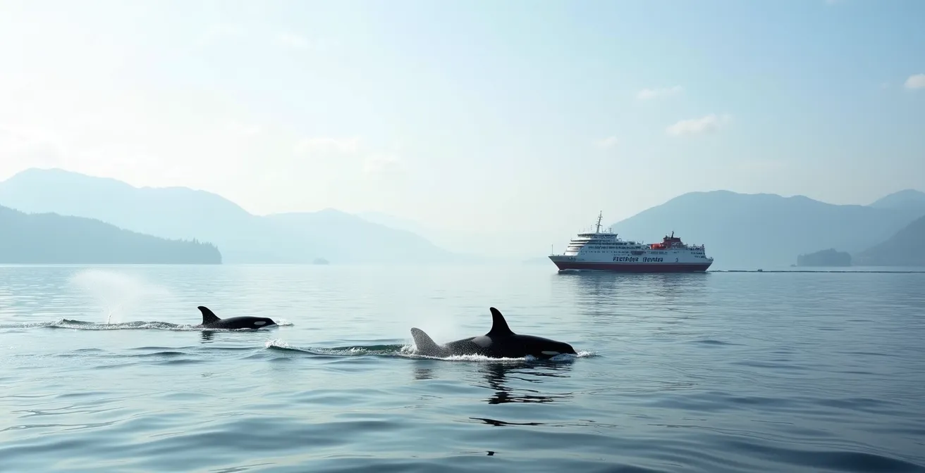 Un traversier de BC Ferries naviguant dans le détroit de Géorgie avec des orques visibles au premier plan