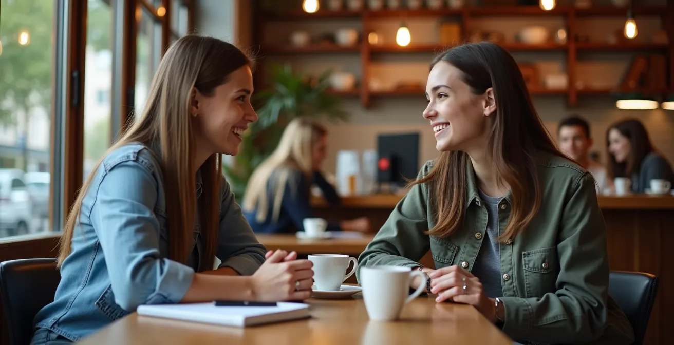 Étudiants en discussion bilingue dans un café canadien