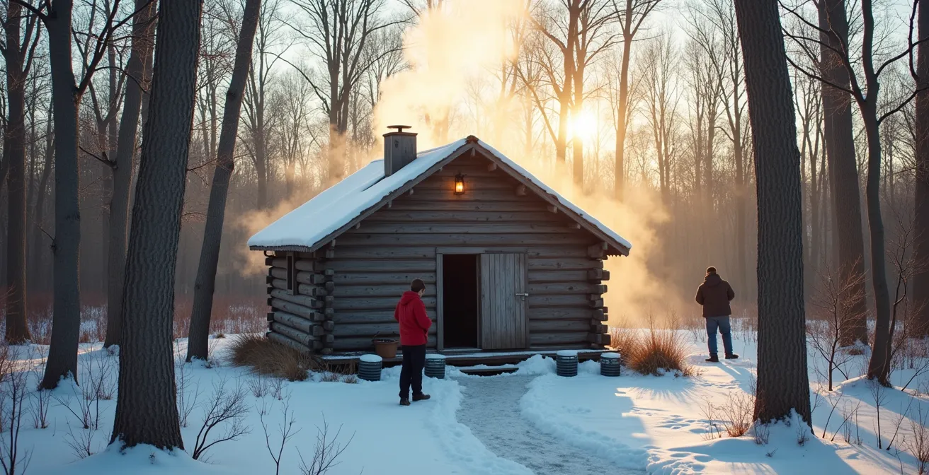 Cabane à sucre traditionnelle entourée d'érables avec vapeur s'échappant de l'évaporateur