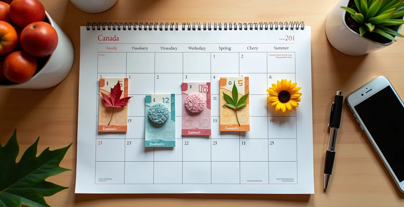 Calendrier illustrant les variations saisonnières des prix des vols au Canada avec codes couleurs