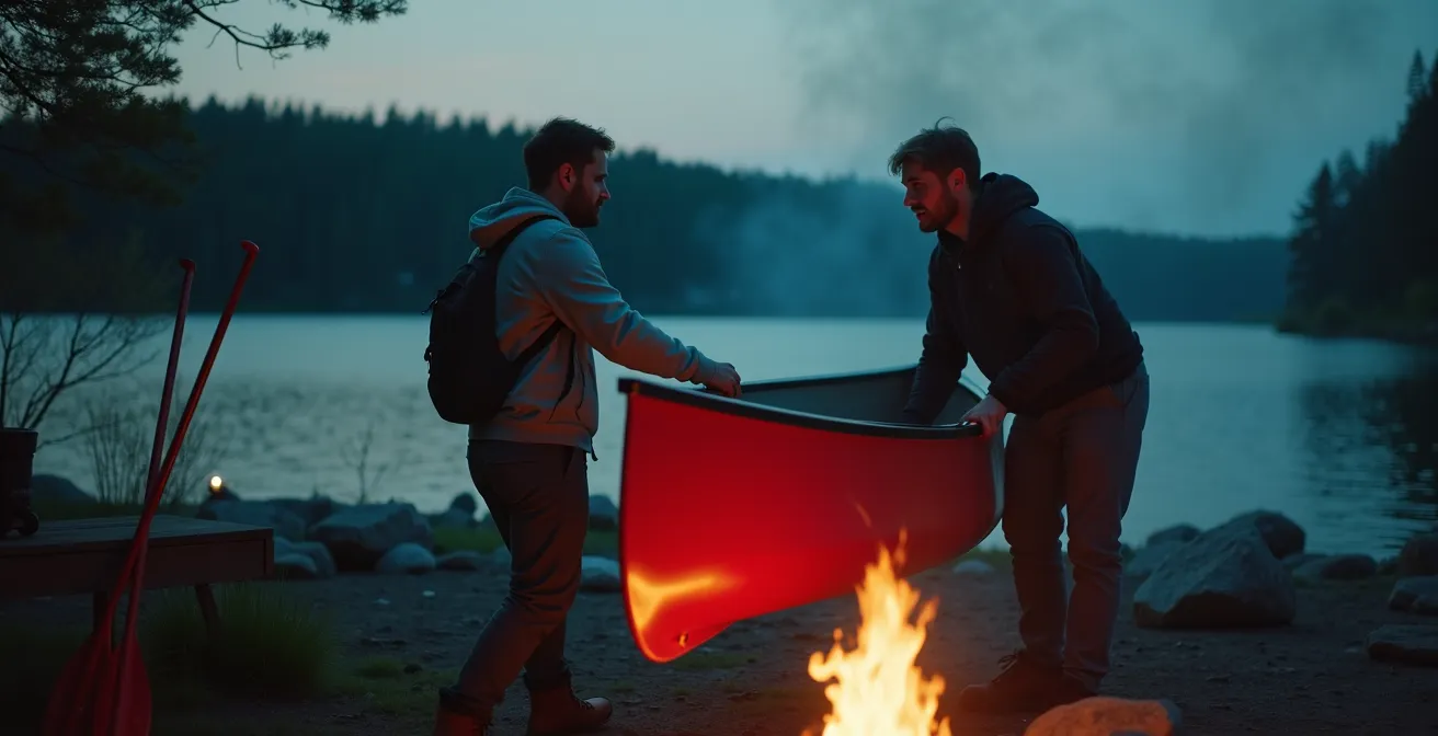 Canot sur la rive d'un lac isolé entouré de forêt boréale canadienne