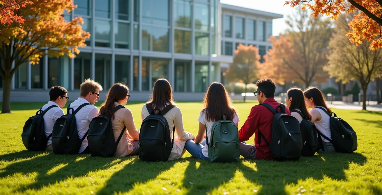 Groupe diversifié d'étudiants internationaux sur le campus d'une université canadienne moderne en été
