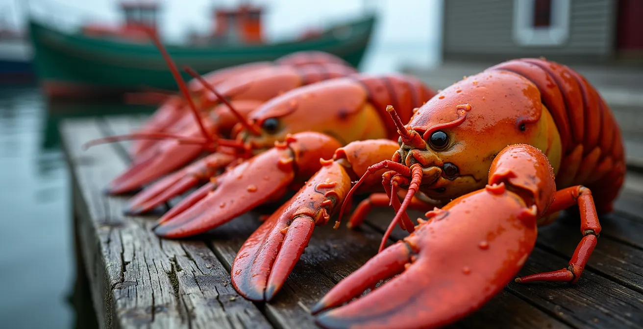 Vue atmosphérique d'une cantine de fruits de mer rustique sur un quai avec des pêcheurs déchargeant leurs prises