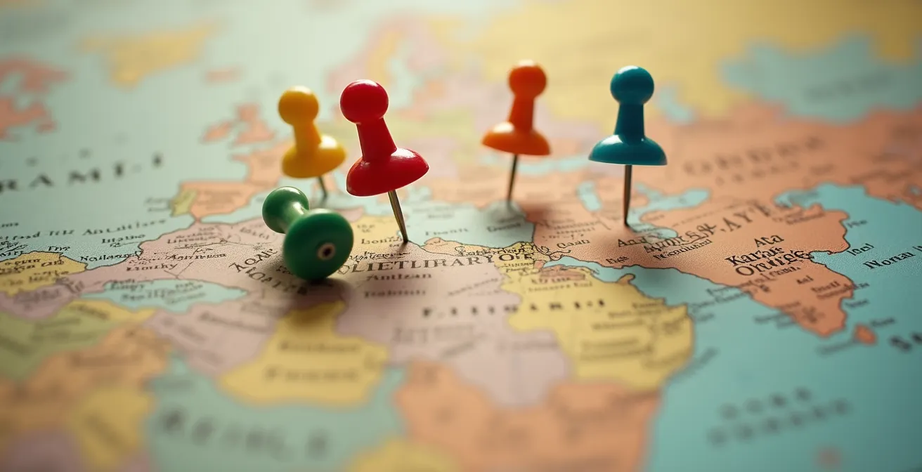 Vue macro d'une carte du Canada avec épingles colorées marquant un itinéraire