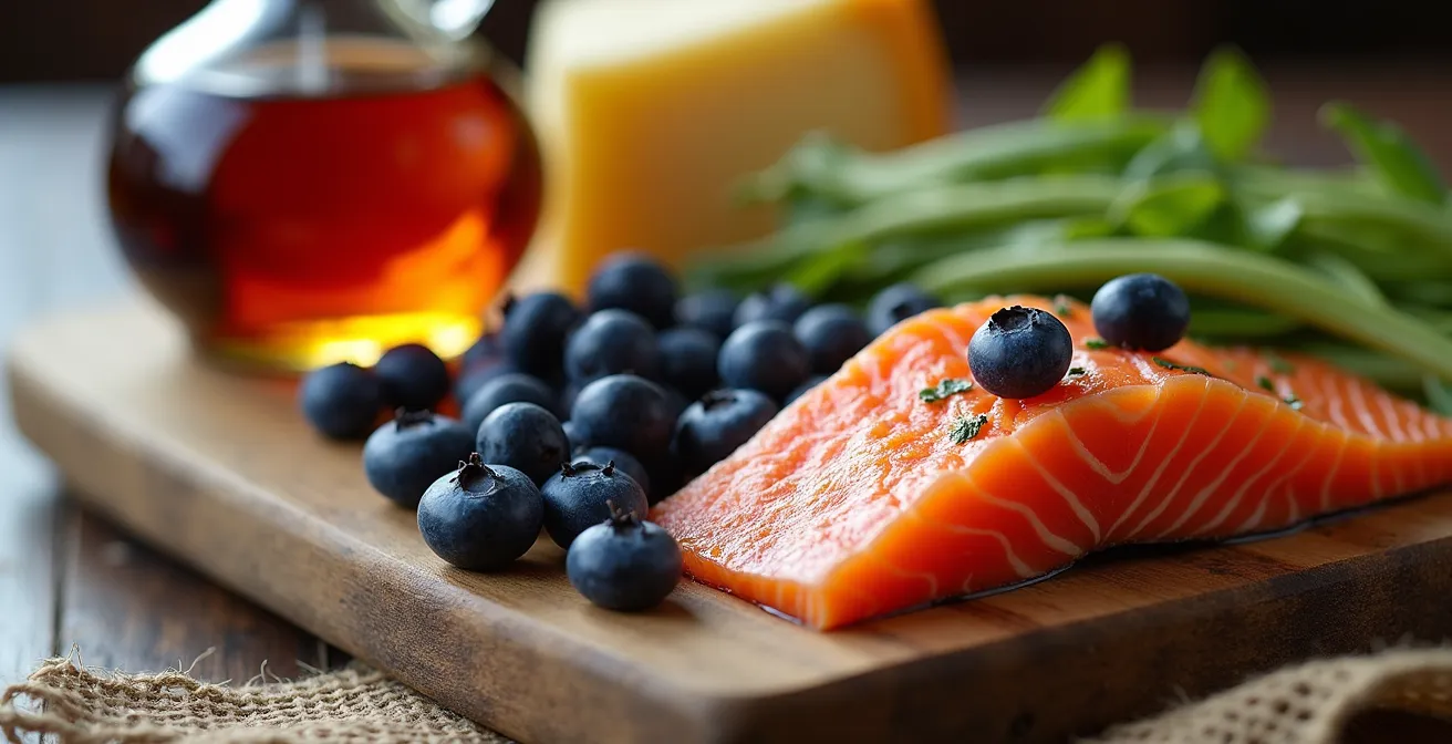 Composition artistique de produits canadiens disposés par région et saison sur une carte stylisée