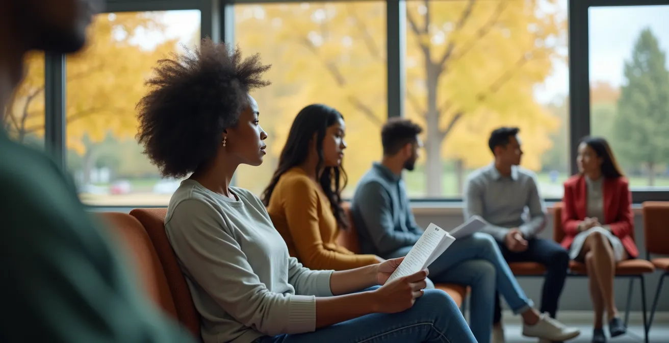 Hall d'attente moderne d'une clinique universitaire canadienne avec étudiants diversifiés