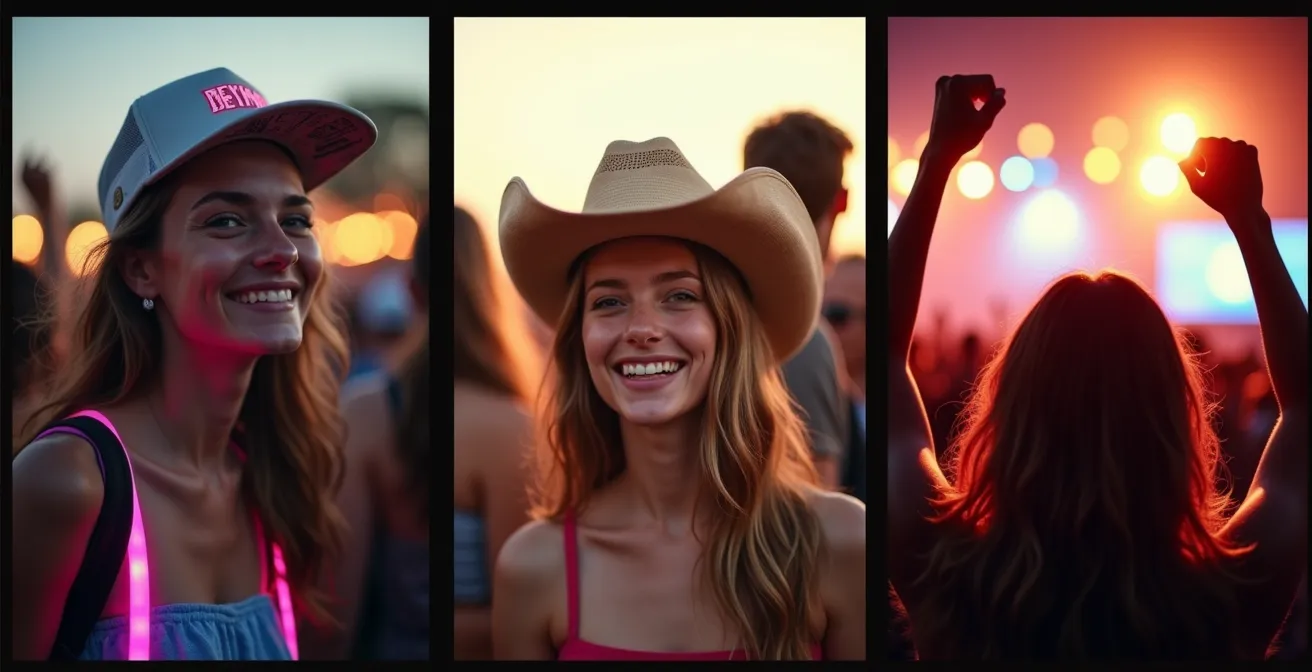 Foules contrastées lors de trois festivals de musique canadiens différents montrant les ambiances urbaine, champêtre et rock