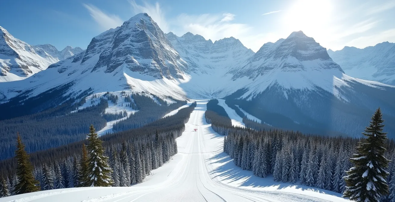 Vue en split-screen montrant les pentes abruptes des Rocheuses d'un côté et les collines boisées des Laurentides de l'autre