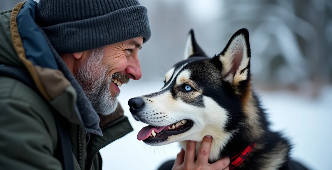 Gros plan sur l'interaction entre un musher québécois et son chien de tête husky