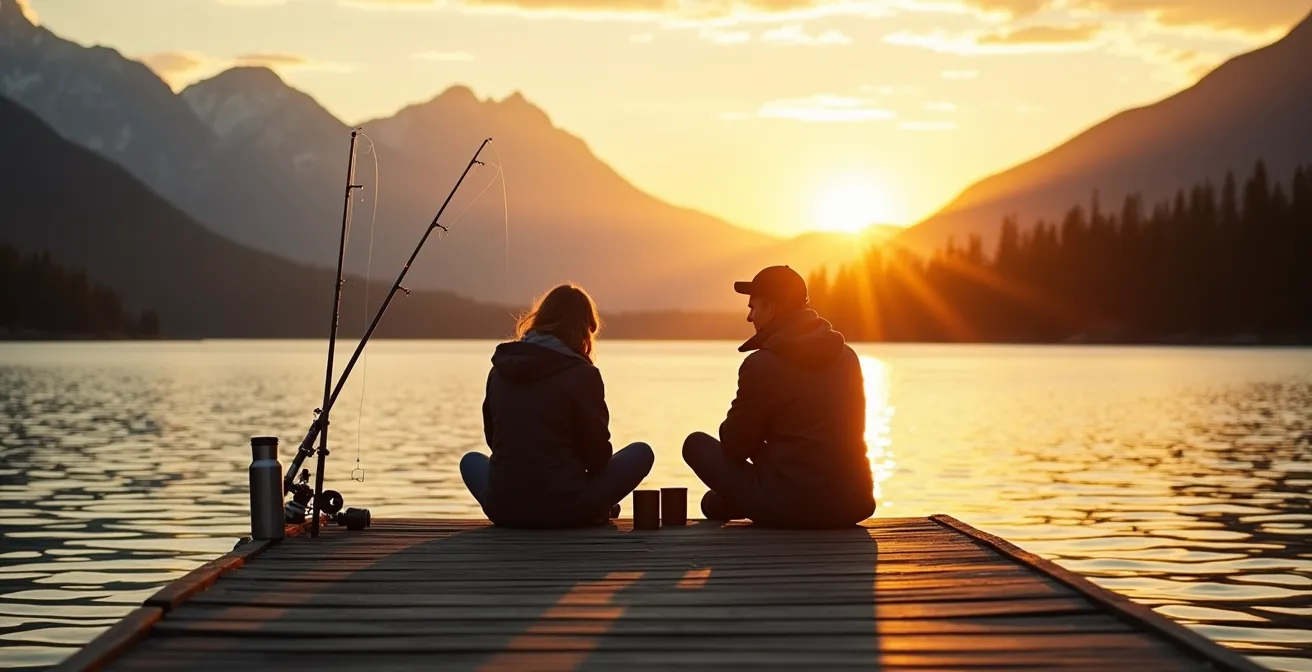 Vue panoramique d'un lac canadien avec deux personnes assises sur un quai au coucher du soleil