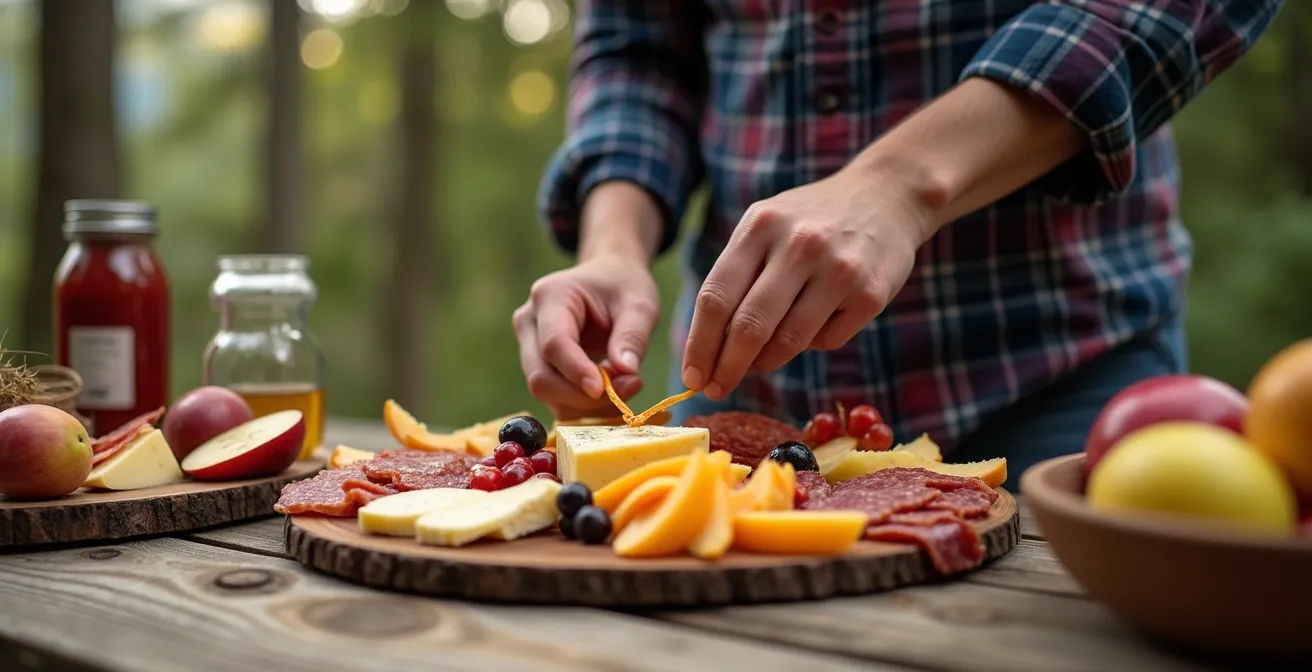 Préparation d'un repas en plein air avec des produits frais du marché sur une table de pique-nique