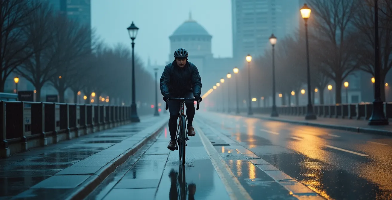 Cycliste équipé contre la pluie pédalant le long de False Creek par temps gris