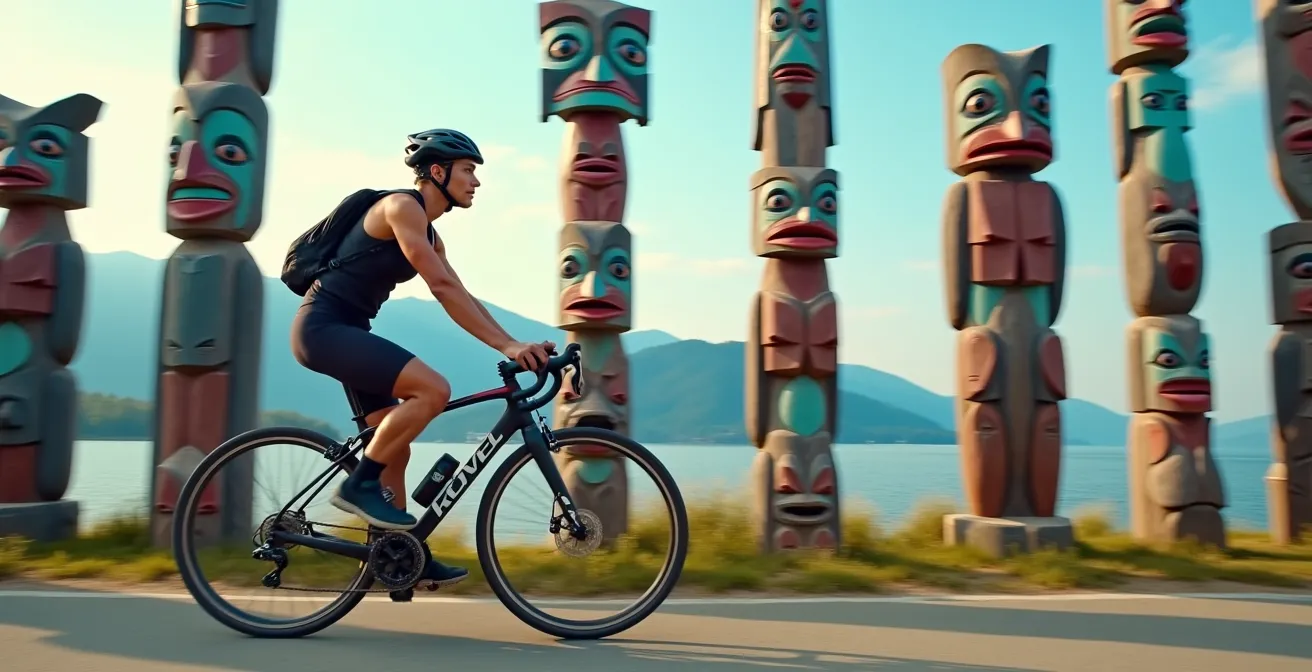 Cycliste passant devant les totems autochtones de Brockton Point avec vue sur l'océan