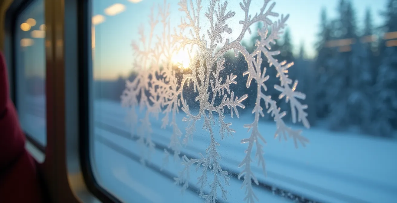 Détail macro de cristaux de givre sur une fenêtre de train avec paysage hivernal flou en arrière-plan