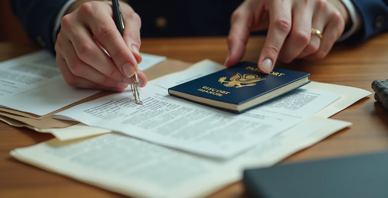 Main tenant un passeport fermé avec des documents organisés sur un bureau, symbolisant la préparation de la demande de NAS.