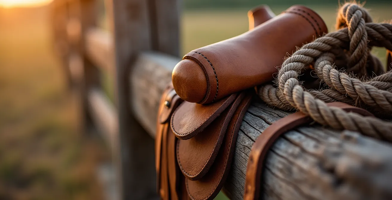 Équipement de cowboy traditionnel incluant selle, lasso et bottes en cuir