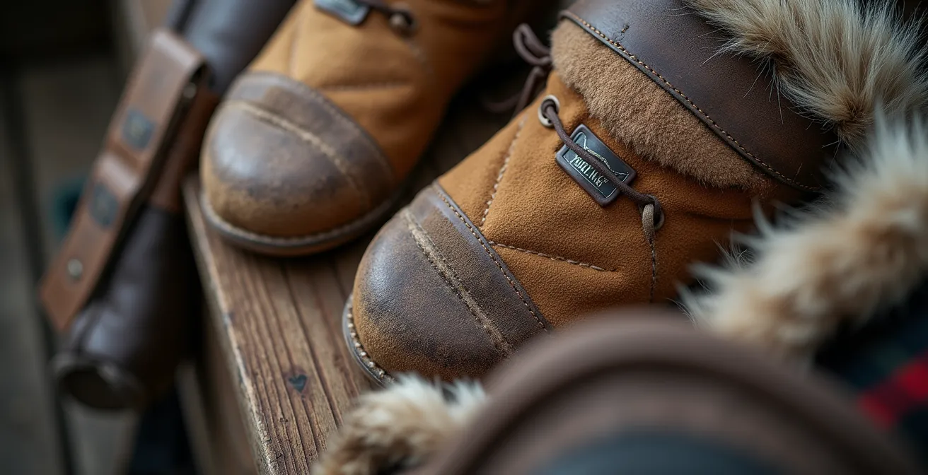 Nature morte d'équipement traditionnel de musher canadien sur fond de bois