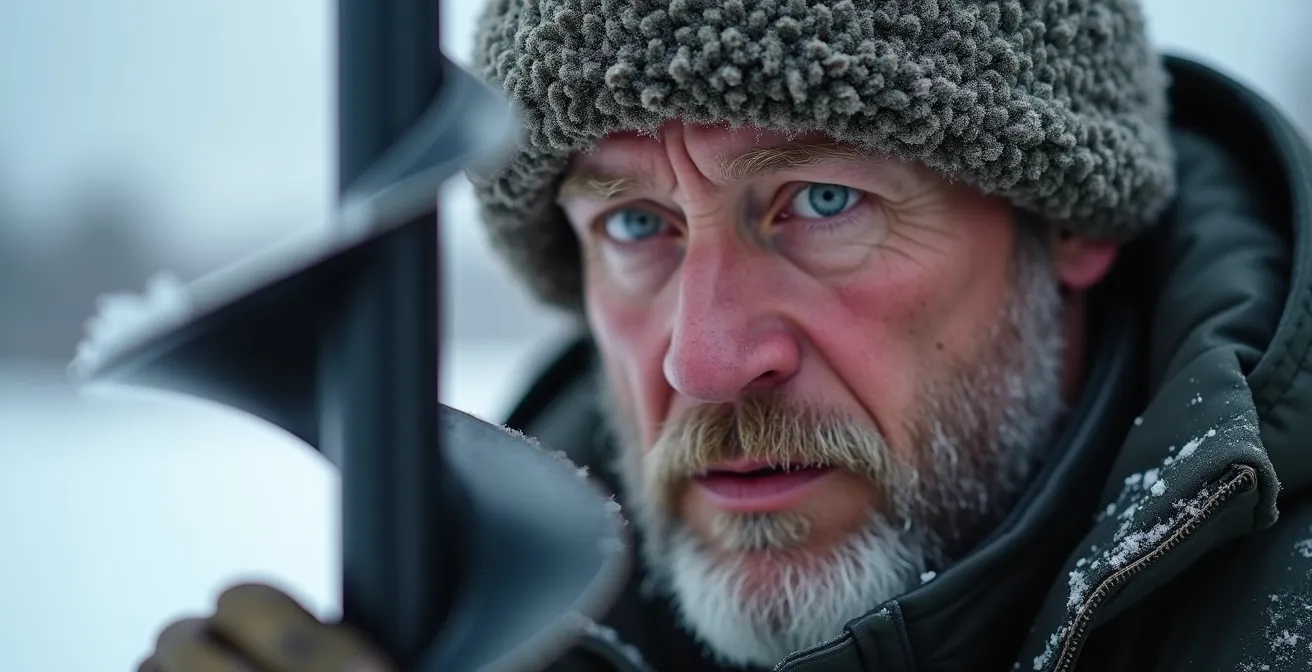 Pêcheur vérifiant l'épaisseur de la glace avec une tarière manuelle par temps venteux