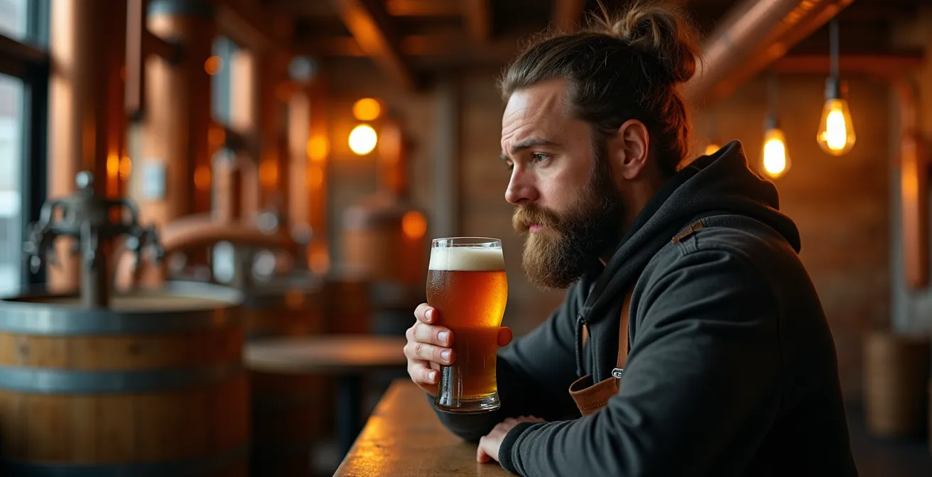 Artisan brasseur canadien présentant ses créations dans une microbrasserie traditionnelle