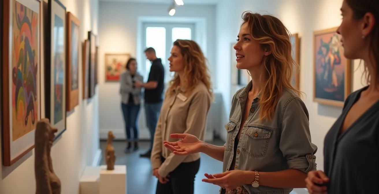 Jeunes artistes présentant leurs œuvres lors d'une exposition de finissants dans un espace lumineux