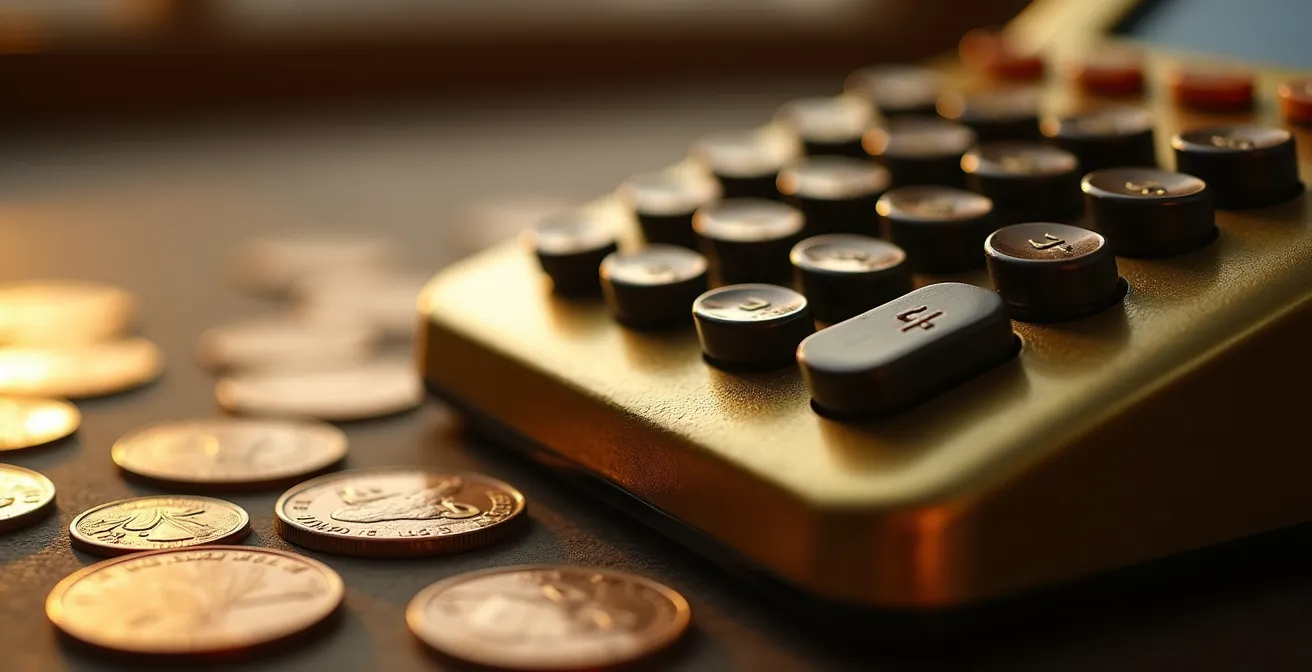 Calculatrice vintage avec pièces de monnaie canadiennes illustrant le calcul des taxes hôtelières