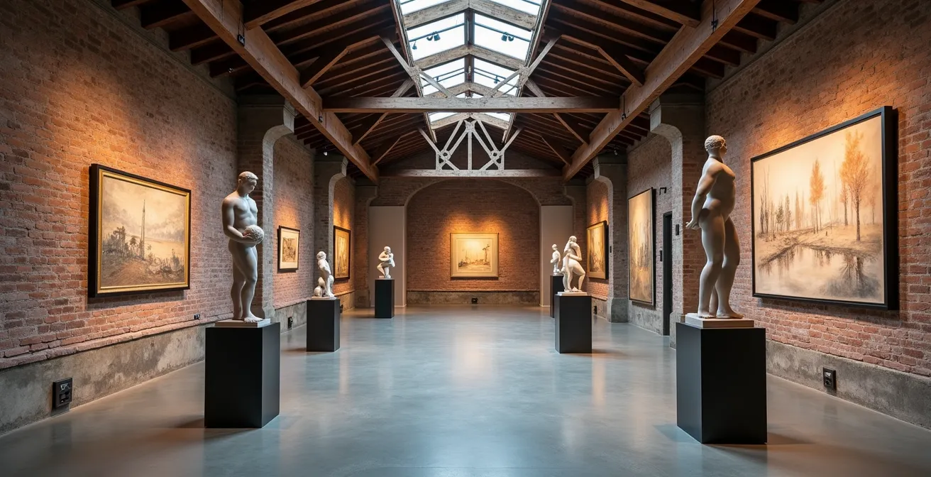 Intérieur d'une galerie d'art du Distillery District avec poutres apparentes et œuvres contemporaines