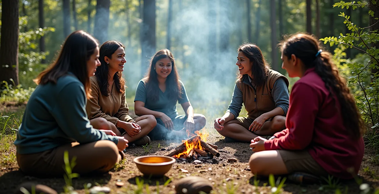 Guide autochtone partageant des connaissances traditionnelles avec un petit groupe dans la forêt boréale