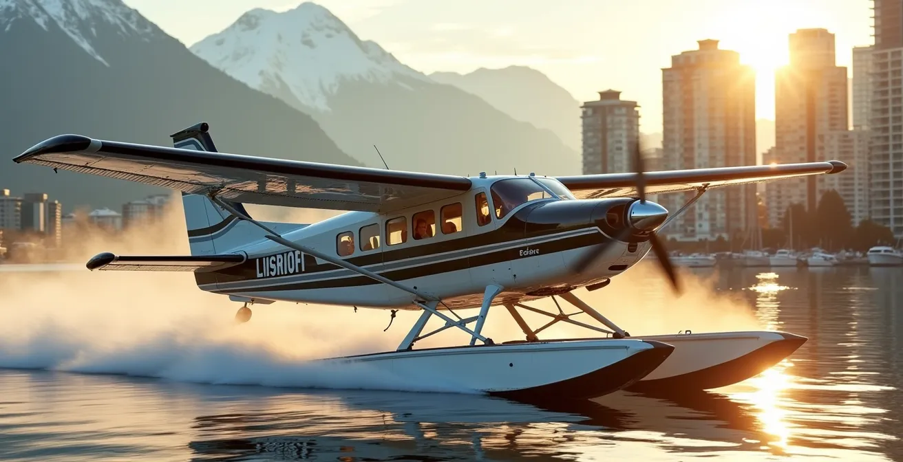 Hydravion décollant du port de Vancouver avec les montagnes enneigées en arrière-plan