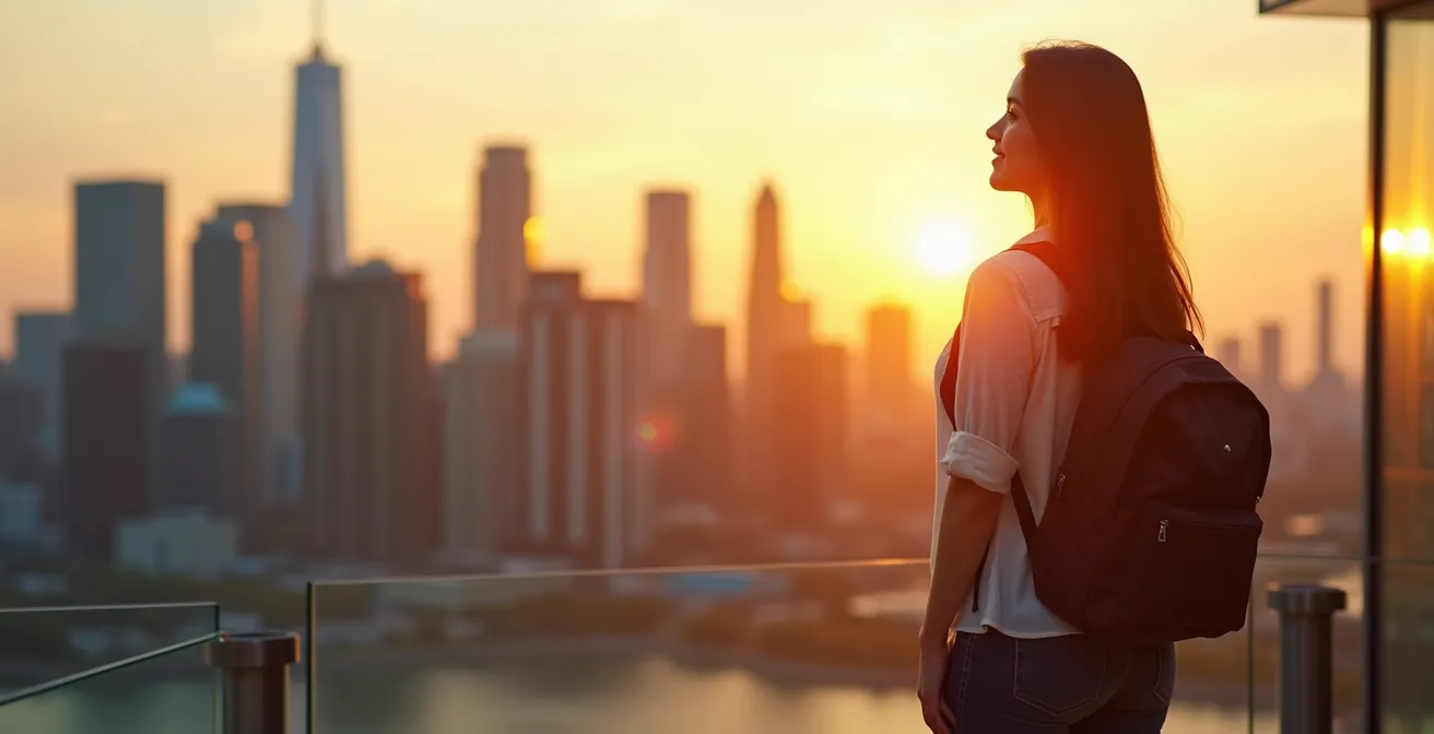 Jeune professionnel avec sac à dos devant un paysage urbain canadien, symbolisant le début de l'aventure PVT