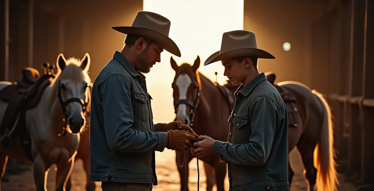 Lever de soleil sur un ranch albertain avec cowboys préparant les chevaux