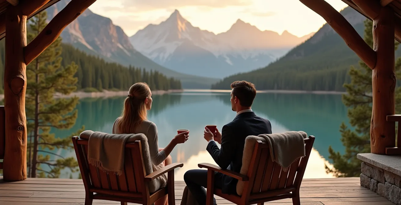 Lodge de luxe en bois avec grandes baies vitrées donnant sur un lac de montagne au coucher du soleil