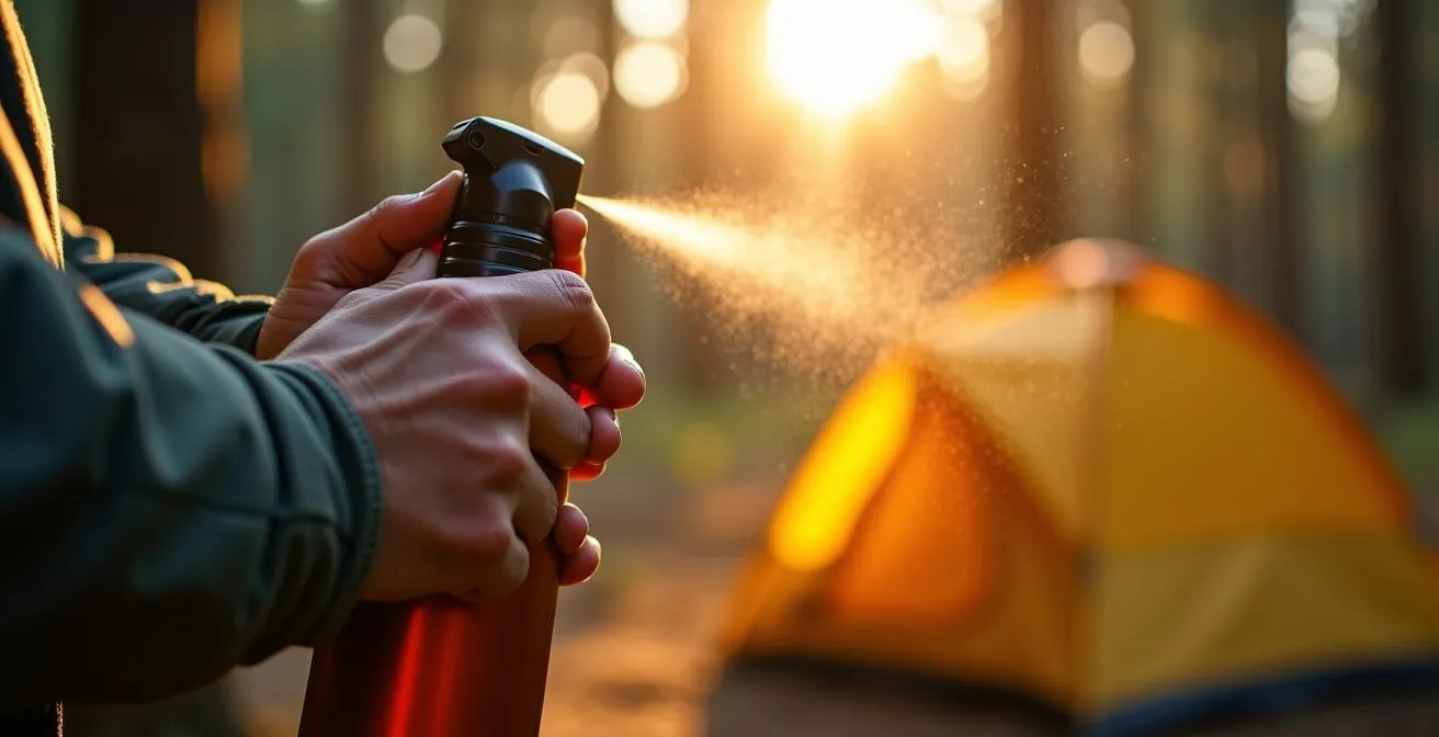 Gros plan sur une main appliquant un répulsif à insectes avec équipement de camping en arrière-plan