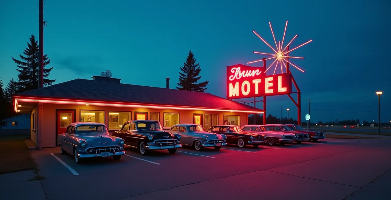 Motel rétro canadien au bord de la route avec enseigne néon colorée au crépuscule