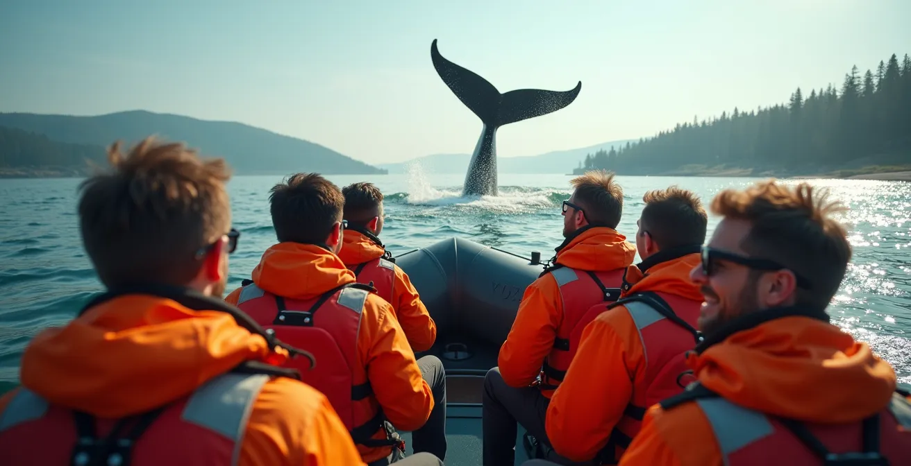 Zodiac d'observation des baleines avec passagers regardant une queue de baleine émerger des eaux du Saint-Laurent