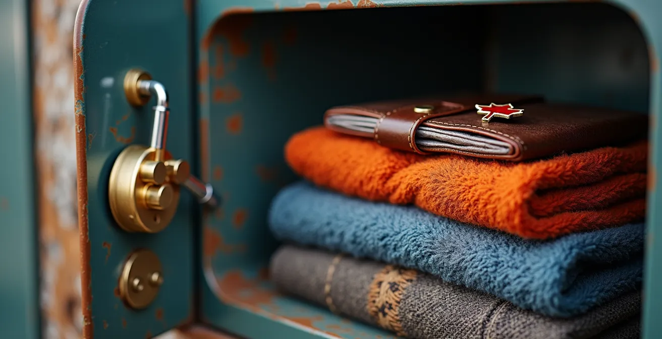 Vue macro d'un casier d'auberge organisé avec équipement de voyage