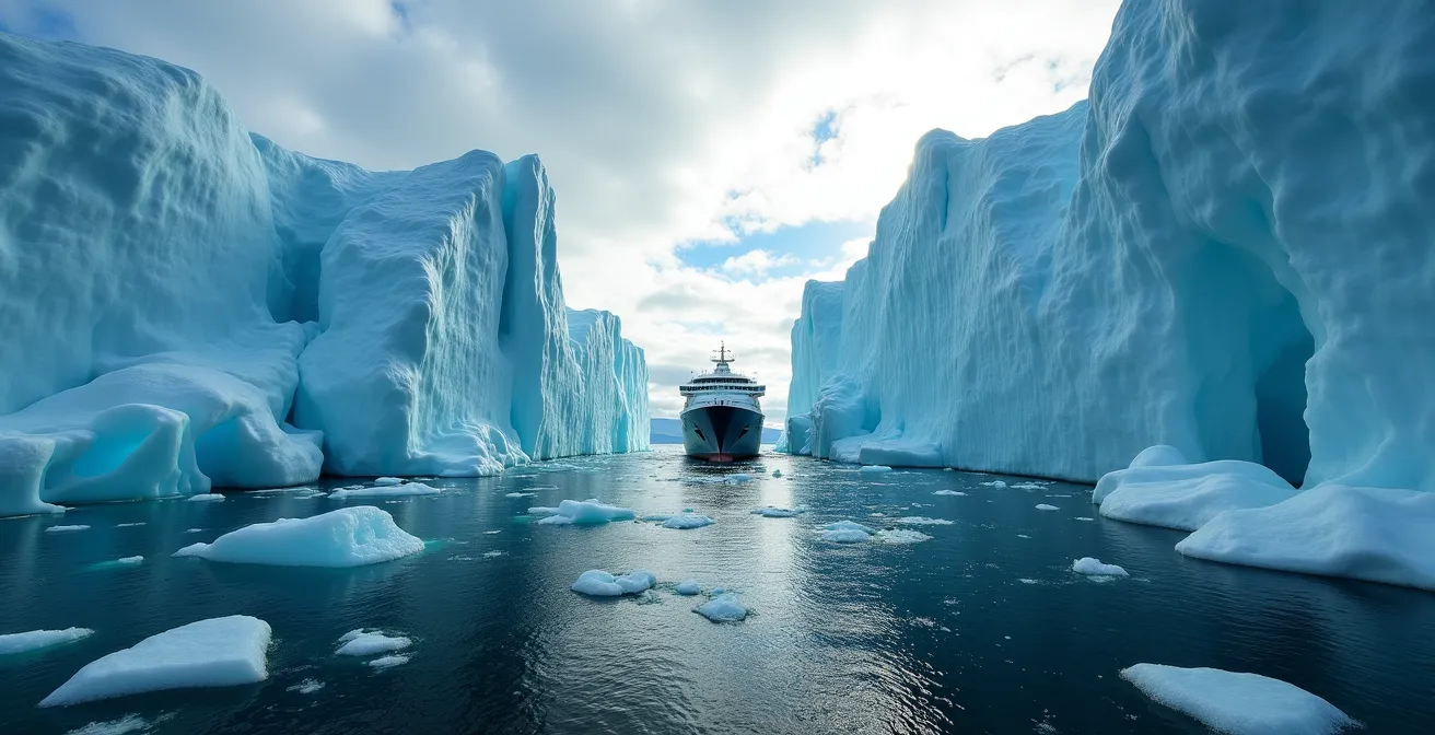 Navire d'expédition naviguant entre les icebergs dans les eaux arctiques du Passage du Nord-Ouest