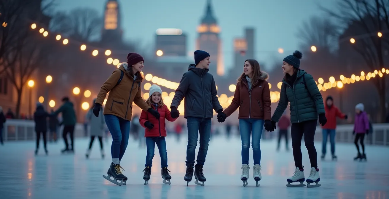 Groupe d'étudiants internationaux patinant ensemble sur une patinoire extérieure illuminée