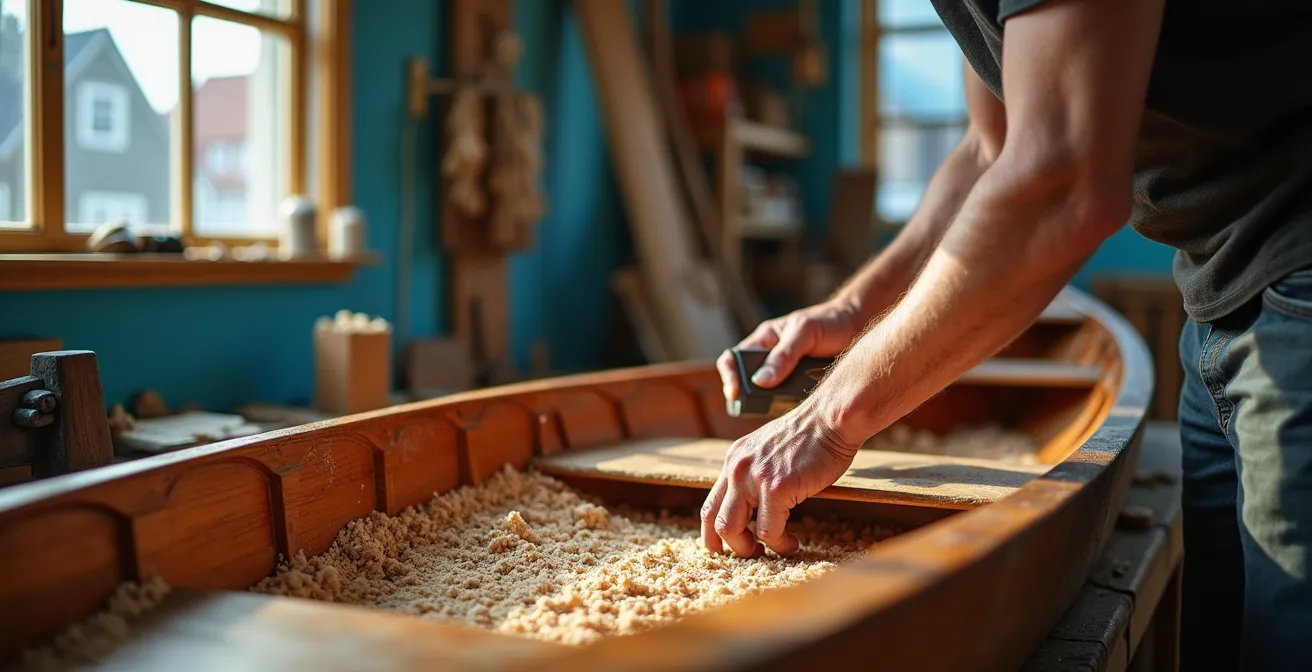 Façades colorées des maisons patrimoniales de Lunenburg avec un artisan travaillant le bois d'un dori traditionnel