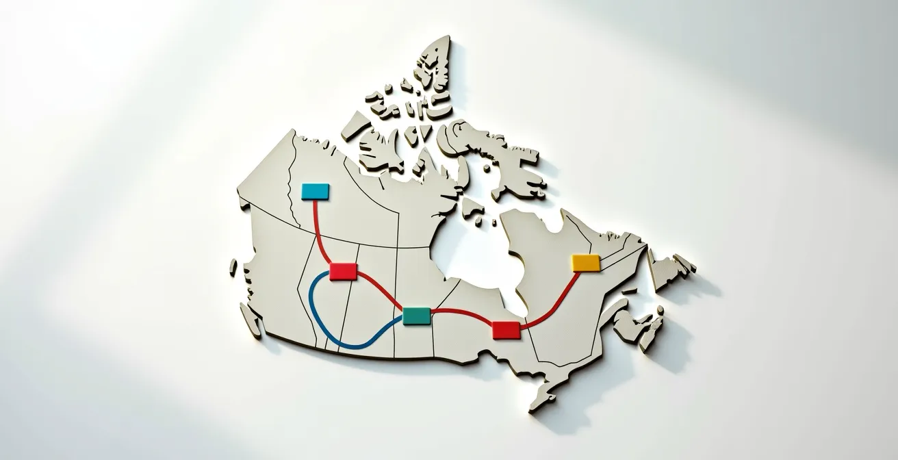 Carte du Canada montrant les différentes provinces avec des chemins interconnectés symbolisant les voies d'immigration provinciales