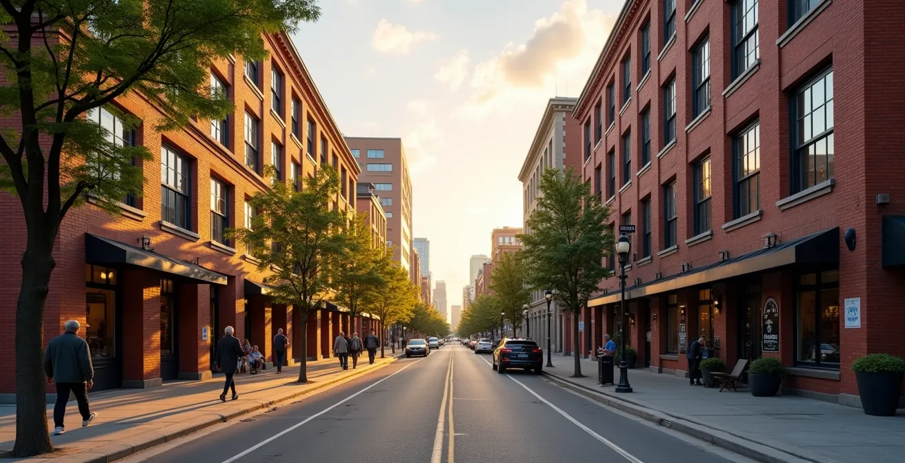 Vue atmosphérique d'un quartier industriel reconverti de Toronto avec architecture de briques rouges