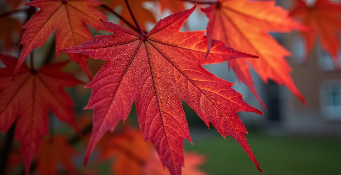 Vue macro de feuilles d'érable rouge avec campus de cégep québécois flou en arrière-plan