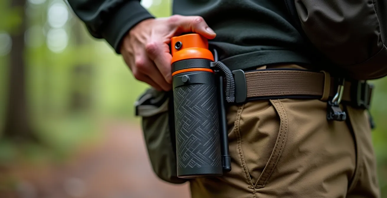 Randonneur portant correctement un bear spray en étui à la ceinture sur sentier forestier